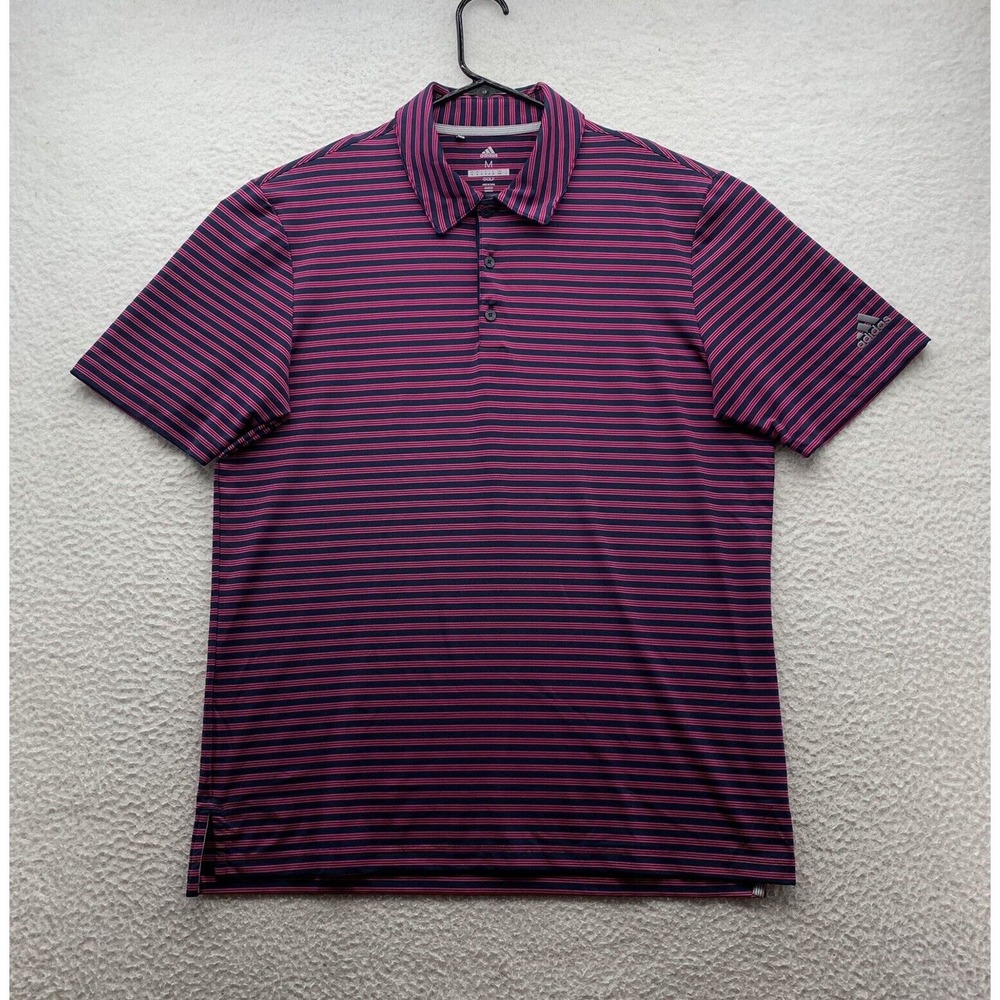 Adidas Golf Polo Shirt Mens Medium M Pink Navy Blue Striped Relaxed Fit Sports